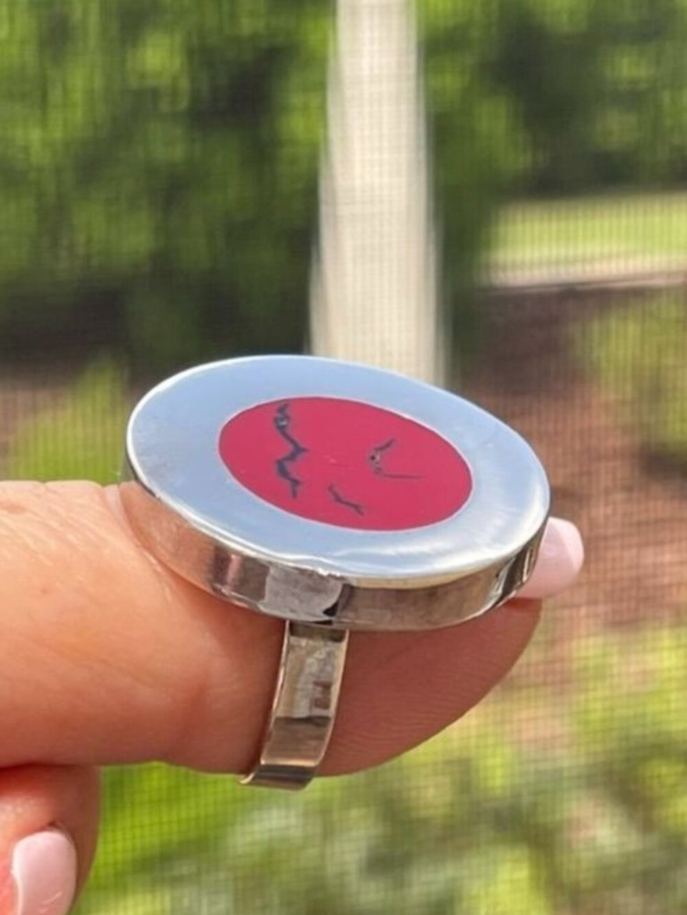 Mexican Silver-Plated Red Stone Statement Ring Adjustable Size 7.5